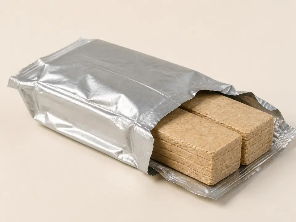銀色密封包裝內的長效應急口糧棒/Long-life emergency ration bars in a foil pack