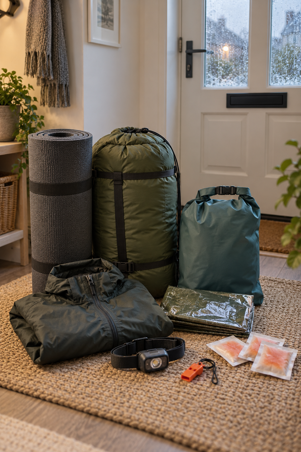 冬季撤離袋內的泡棉睡墊、睡袋及防水裝備/Foam mat, sleeping bag and waterproof gear for winter evacuation